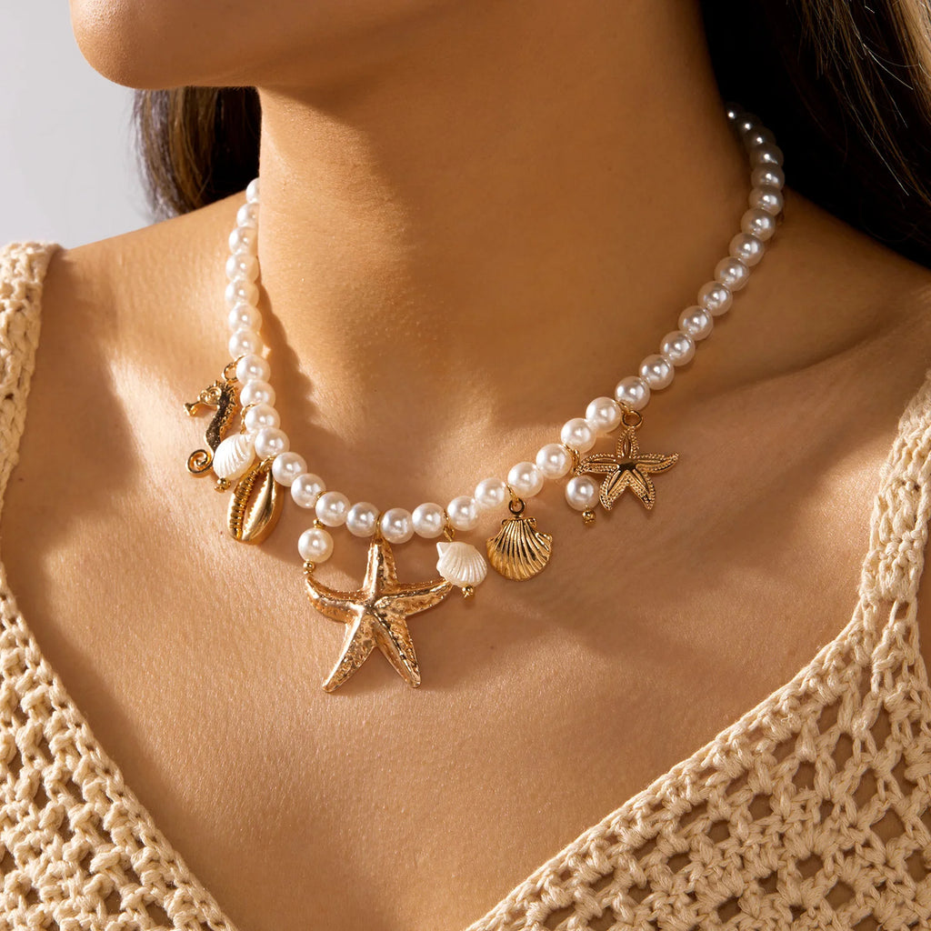 Women's Fashion Bohemian Shell Starfish Imitation Pearl Choker Necklace