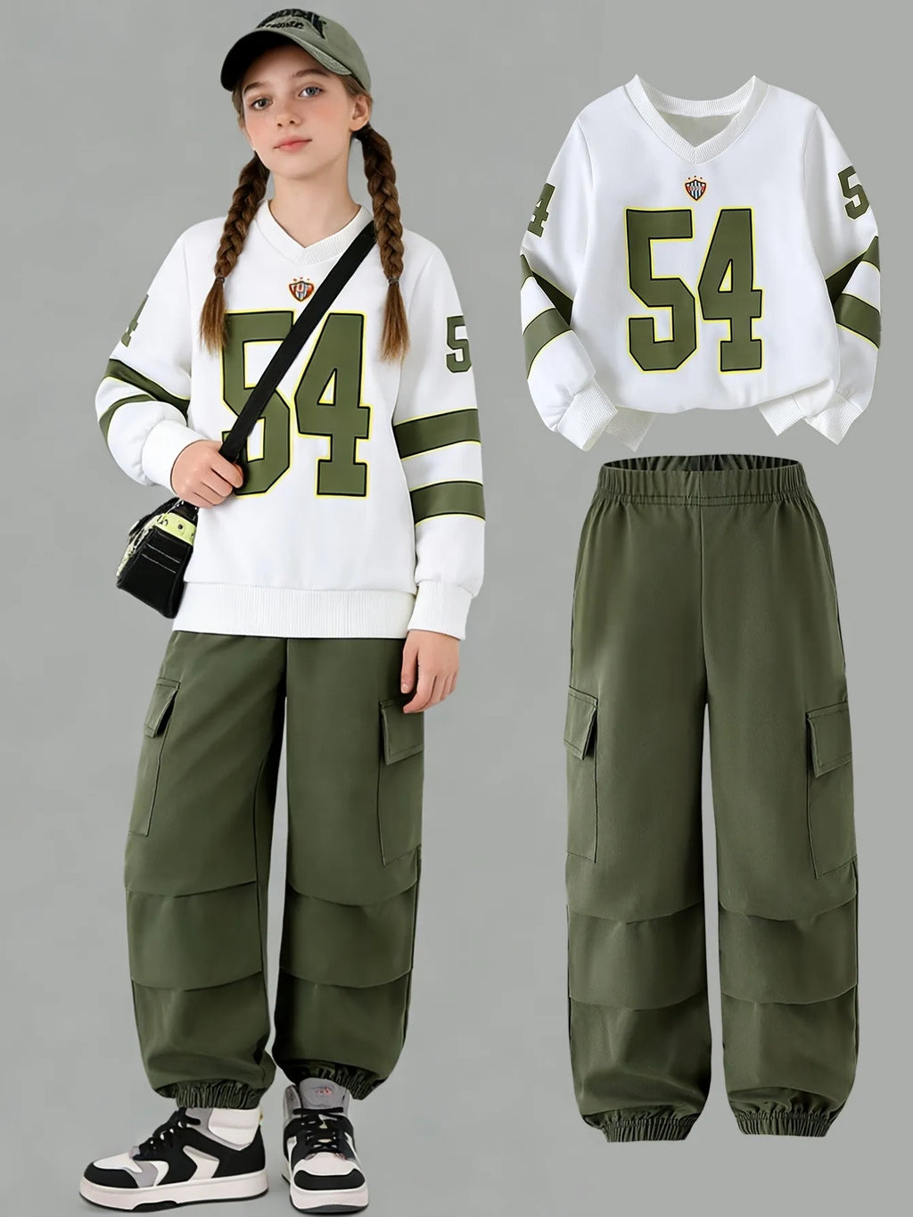 Girls' V-Neck Sweatshirt Cargo Jogger Pants Two-Piece Set