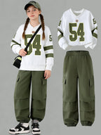 Girls' V-Neck Sweatshirt Cargo Jogger Pants Two-Piece Set