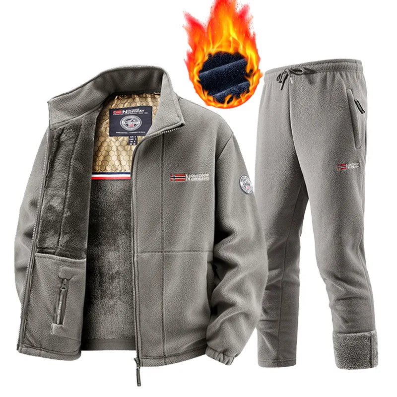 Men's Casual Retro Fleece Jacket and Pants Two Piece Tracksuit Set