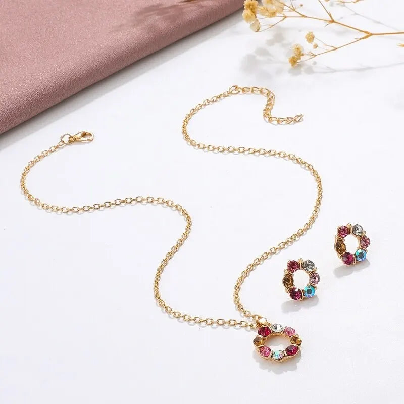 Women's Fashion Elegant Stained Glass Circle Necklace and Earrings Jewelry Set