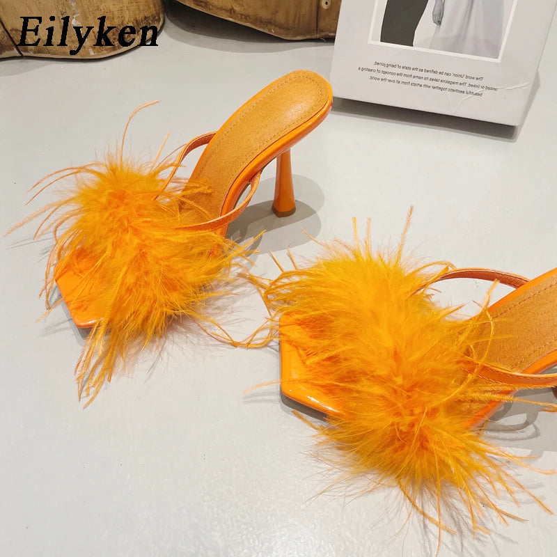 Women's Fluffy Furry Peep Toe Stiletto Mules