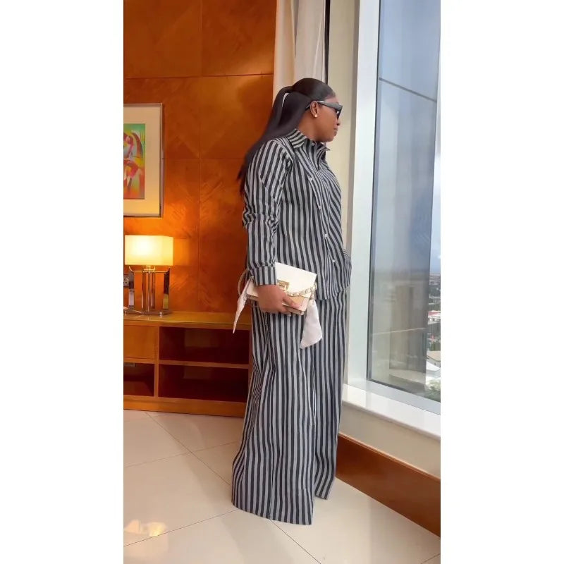 Women's Striped Button Shirt Wide Leg Pants Set