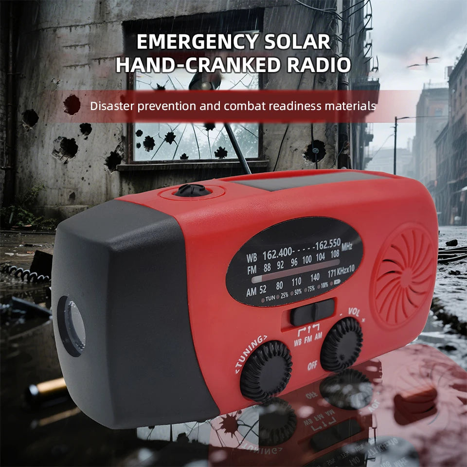 Emergency Solar Hand-Crank Radio with Flashlight and Power Bank