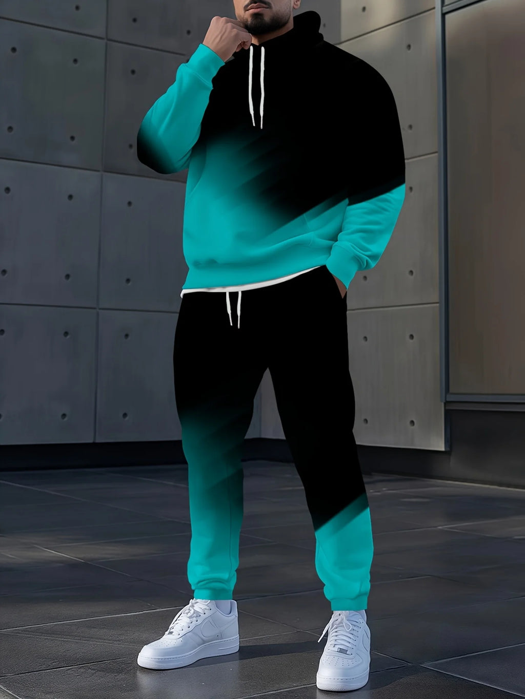 Men's Autumn Gradient 3D Print Hoodie and Sweatpants Tracksuit Set
