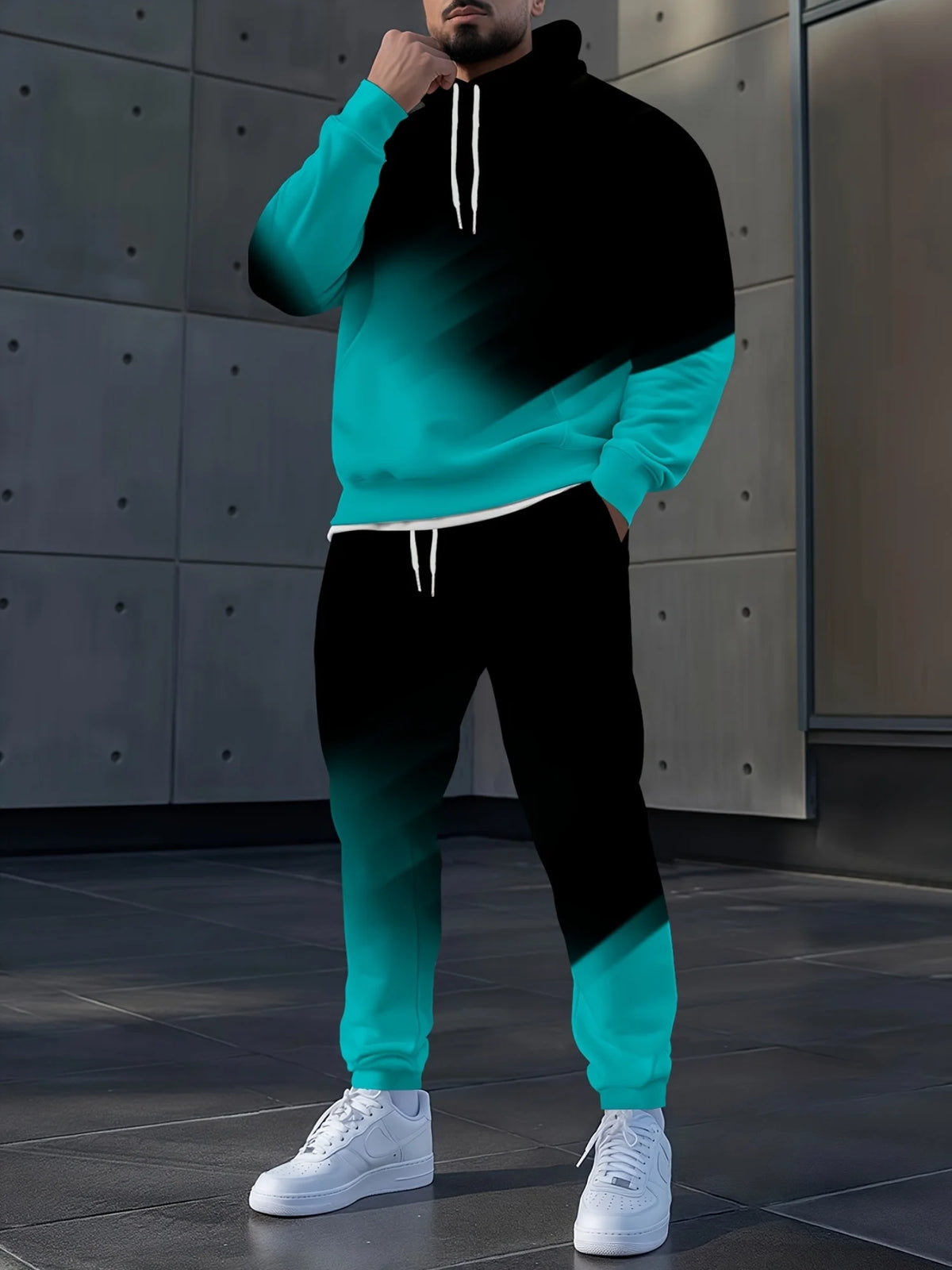 Men's Autumn Gradient 3D Print Hoodie and Sweatpants Tracksuit Set