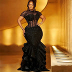 Women's Beaded Pearl Sequin Tiered Mermaid Prom Gown
