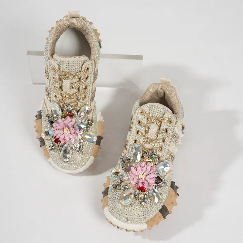 Women's Rhinestone Platform Sneakers Diamond Lace-Up Casual Skateboard Shoes