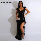 Women's Sexy Sequined Spaghetti Strap Feather Hem Maxi Dress