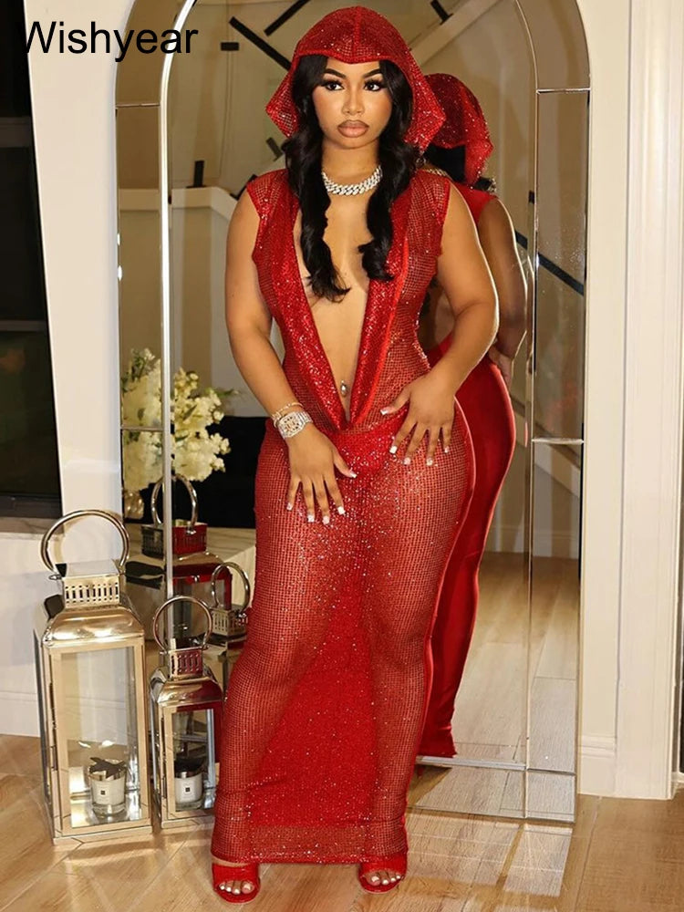 Women's Sexy Hooded Deep V Neck Sparkly Maxi Dress