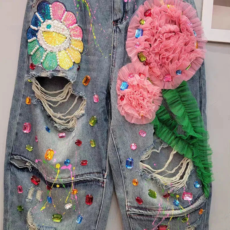 Women's 3D Flower Beaded Elastic High Waist Loose Jeans