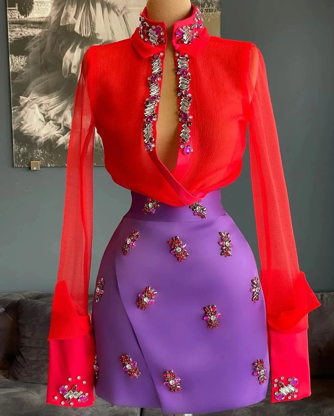 Women's Beaded Sheath Long Sleeve Mini Cocktail Dress