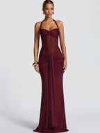 Women's Sexy Mesh Patchwork Halter Ruched Maxi Dress