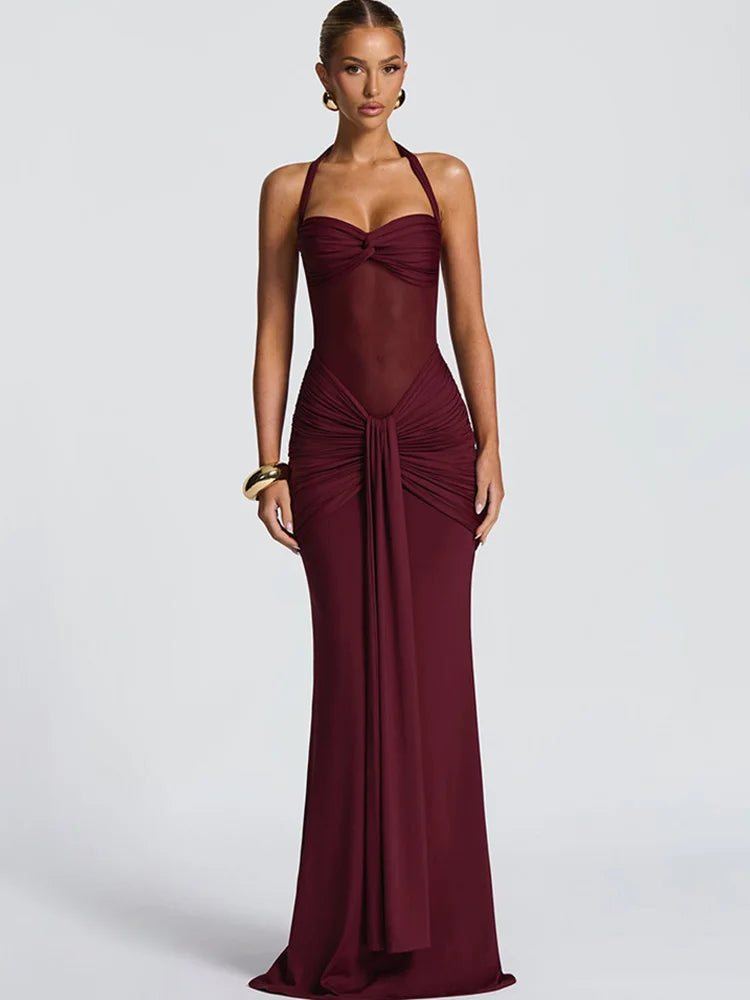 Women's Sexy Mesh Patchwork Halter Ruched Maxi Dress