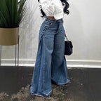 Women's Retro Wide Leg Denim Jeans Splicing Casual Long Pants
