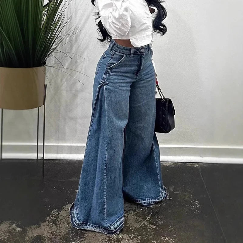 Women's Retro Wide Leg Denim Jeans Splicing Casual Long Pants