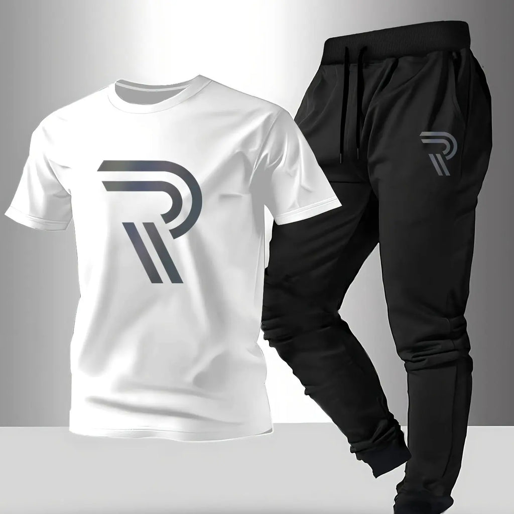 Men's Casual Print Round Neck T-Shirt and Sports Pants Set