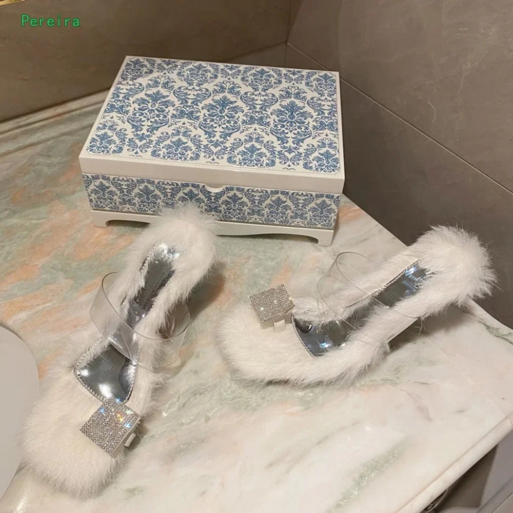 Women's Fluffy Rhinestone Chunky Heel Slippers
