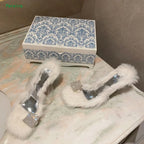 Women's Fluffy Rhinestone Chunky Heel Slippers