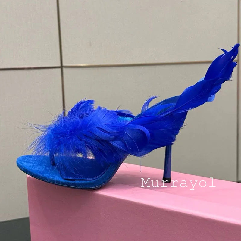 Women's Feather Embellished Split Toe Thin High Heel Sandals