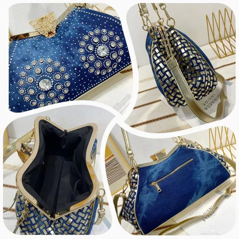 Denim Rhinestone Clutch Bag with Butterfly Decoration for Women