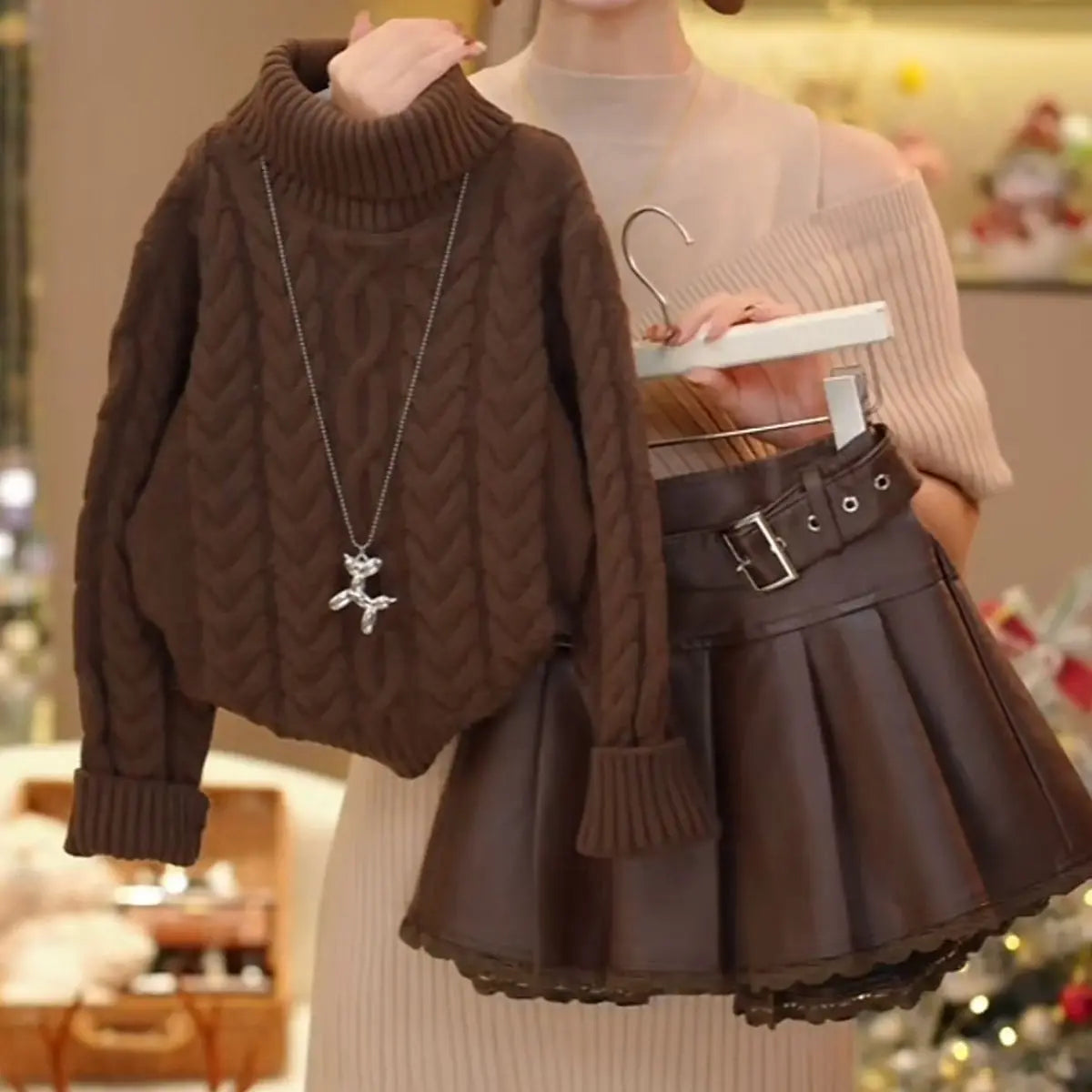 Girls' Knit Sweater Lace Leather Skirt Two Piece Set