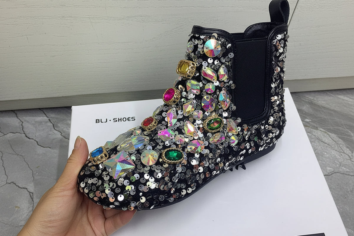 Women's Rhinestone Flat Ankle Boots Plush Winter Snow Shoes
