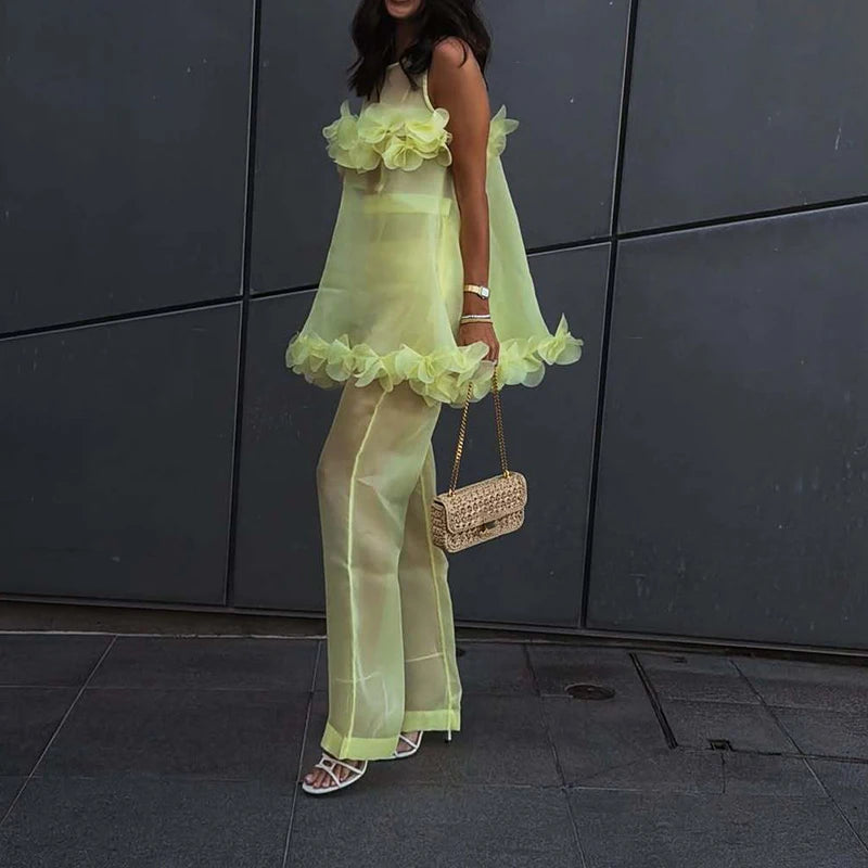 Women's Floral Print Sleeveless Top Wide Leg Pants Set