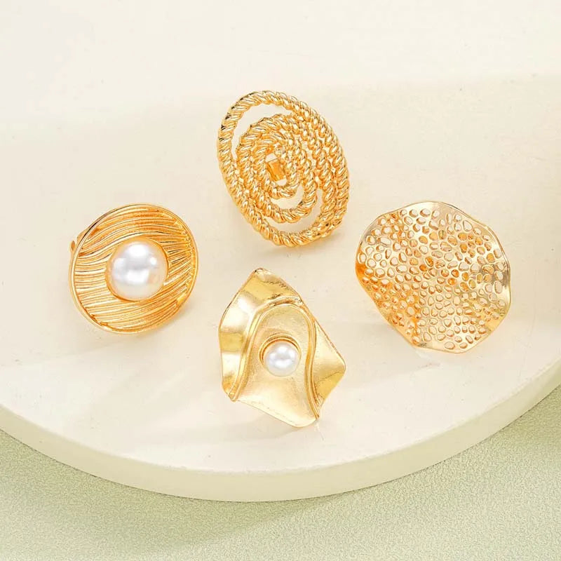 Women's Fashion Elegant Flower Pearl Hollow Geometric Ring Jewelry Set