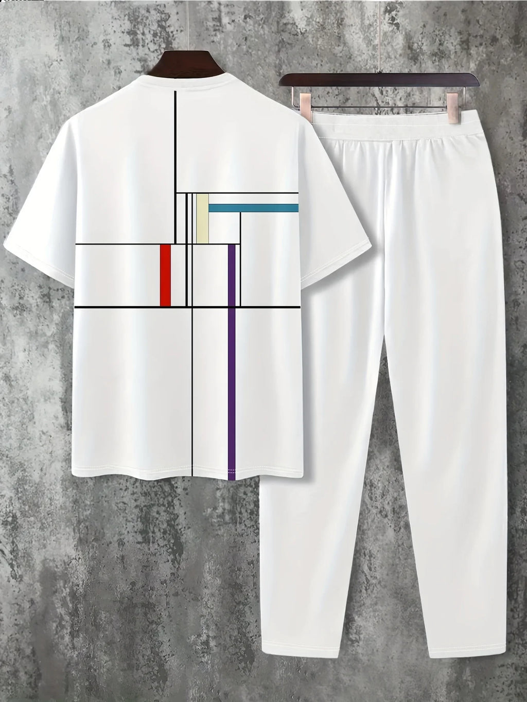 Men's Casual Print Round Neck T-Shirt and Drawstring Pants Set