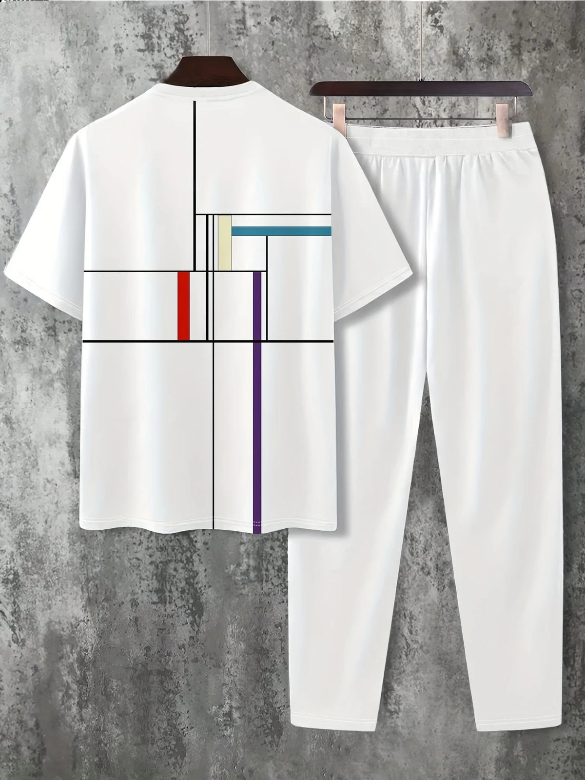 Men's Casual Print Round Neck T-Shirt and Drawstring Pants Set