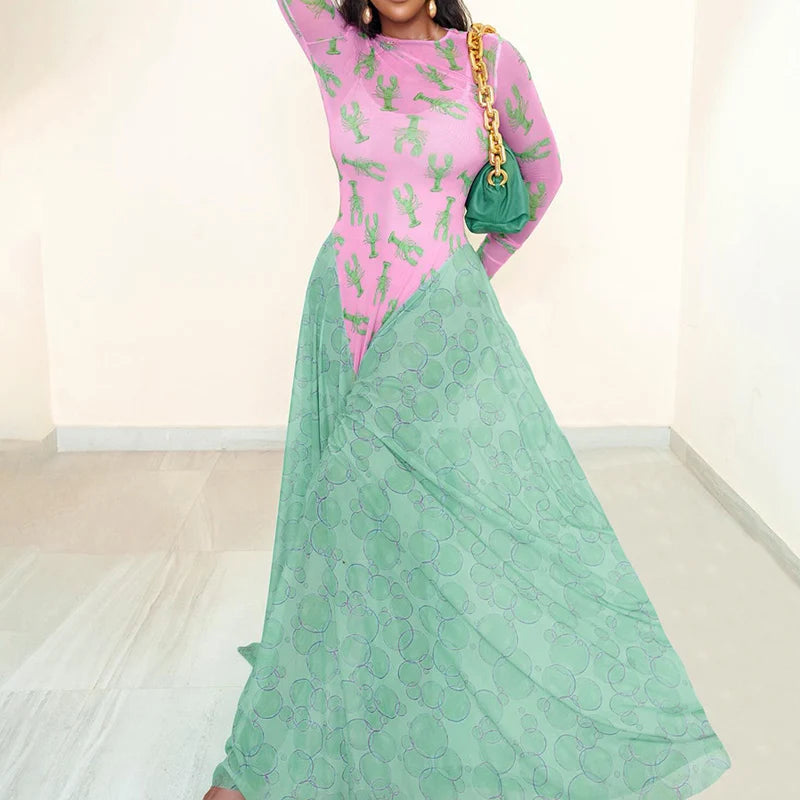 Women's Vintage Floral Print Patchwork Swing Maxi Dress