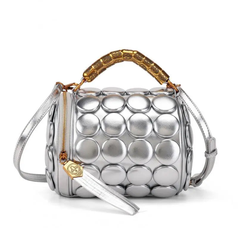 Women's Retro Button Leather Tube Bucket Shoulder Crossbody Bag