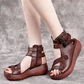 Women's Retro Leather Wedge Sandals Platform Mid Heel Shoes