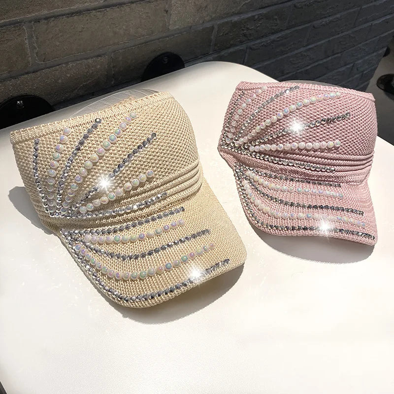 Women's Empty Top Visor Sun Hat with Rhinestones and Pearls