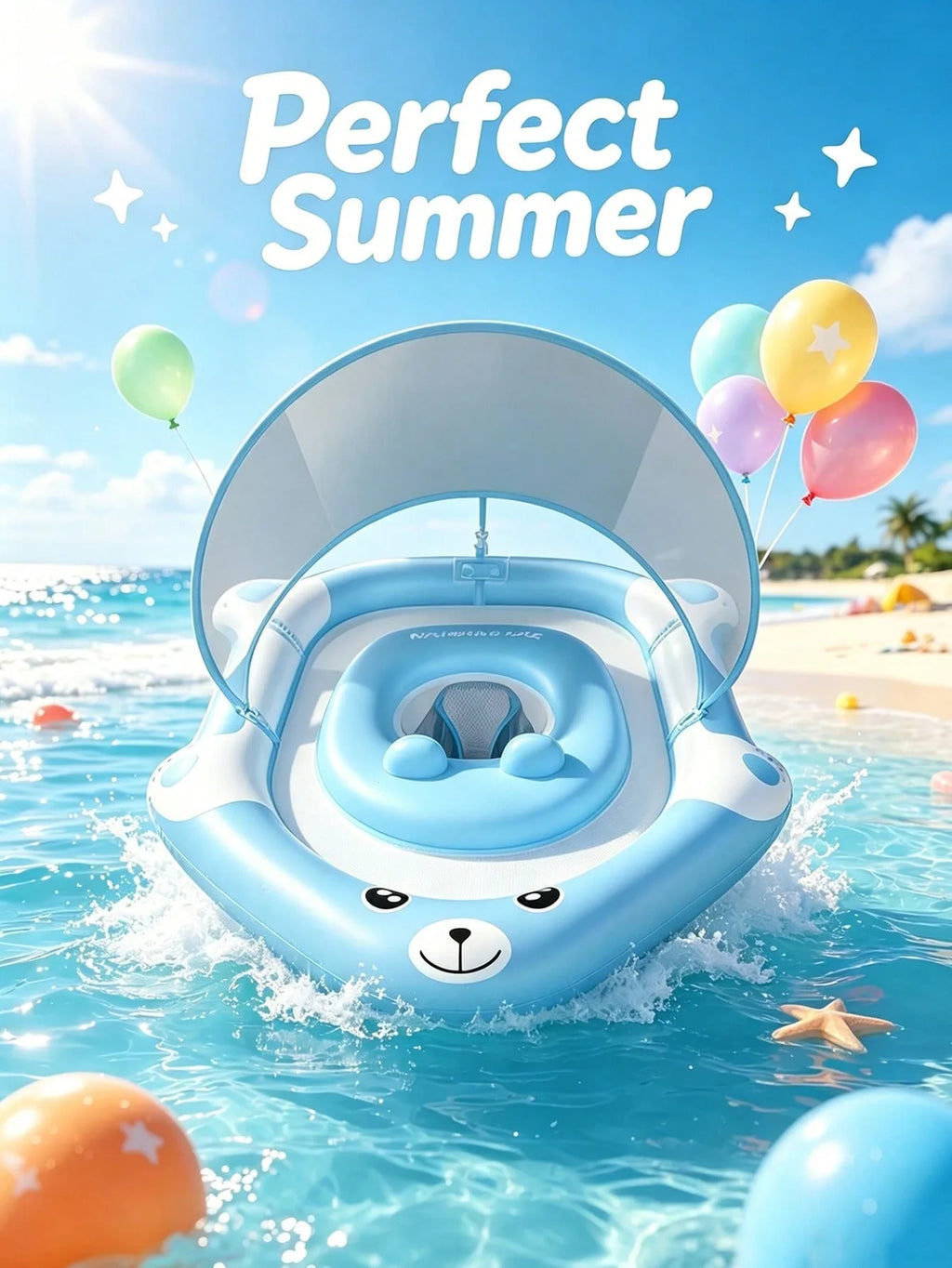 Kids Cartoon Bear UPF 50 Sun Canopy Baby Pool Float Ring Toy