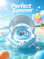Kids Cartoon Bear UPF 50 Sun Canopy Baby Pool Float Ring Toy