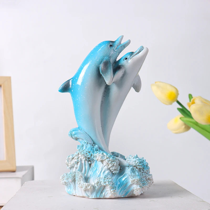 Dolphin Family Resin Statue and Ocean Tabletop Decorative Figurine