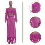 Women's Off Shoulder Tassel Hollow Out Maxi Skirt Set