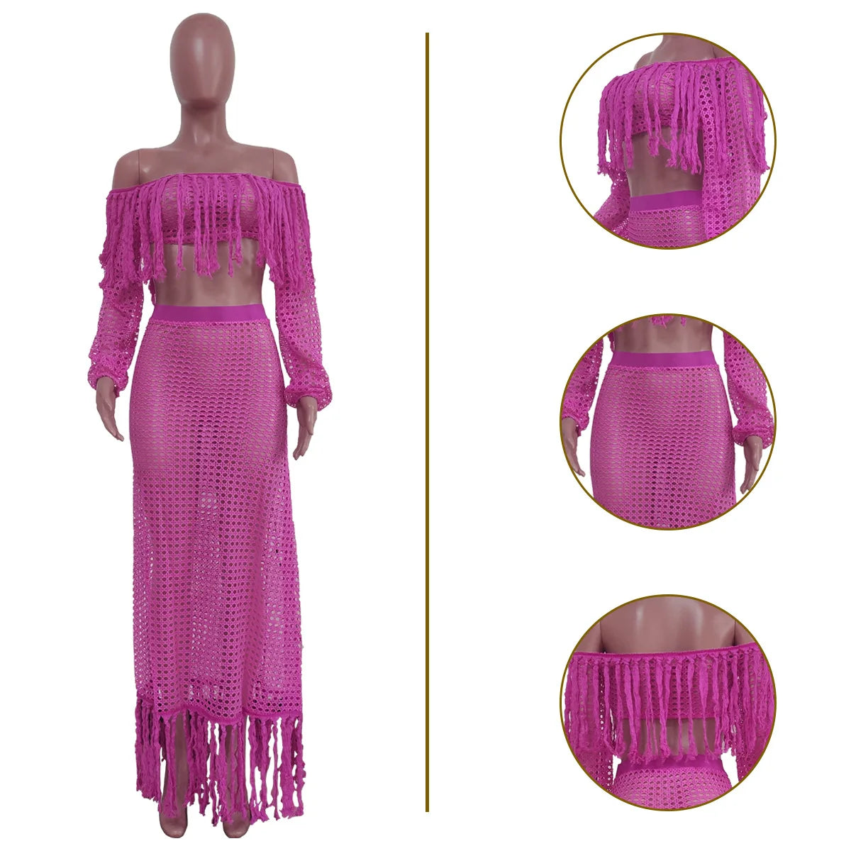 Women's Off Shoulder Tassel Hollow Out Maxi Skirt Set