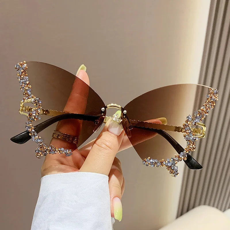Women's Trendy Butterfly Diamond Rimless Oversized Sunglasses