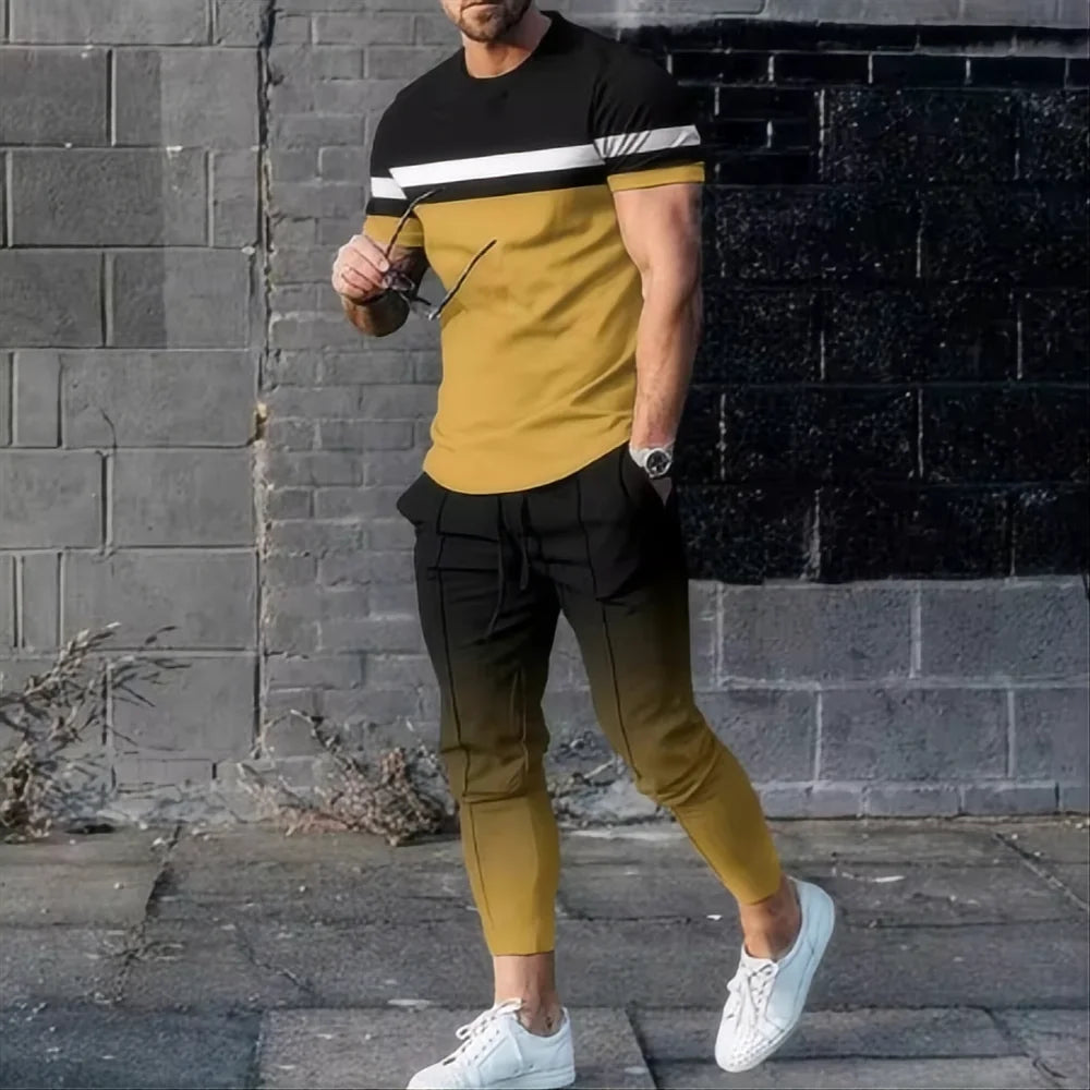Men's Casual 3D Print T-Shirt and Pants Suit Set