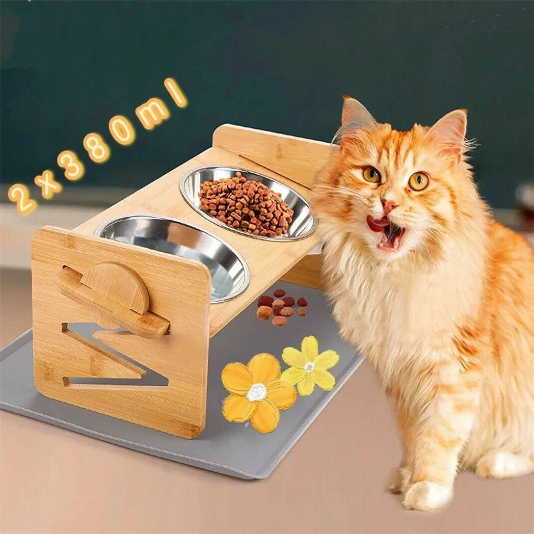 Adjustable Elevated Dog Bowls with 2 Stainless Steel Bowls and Bamboo Stand