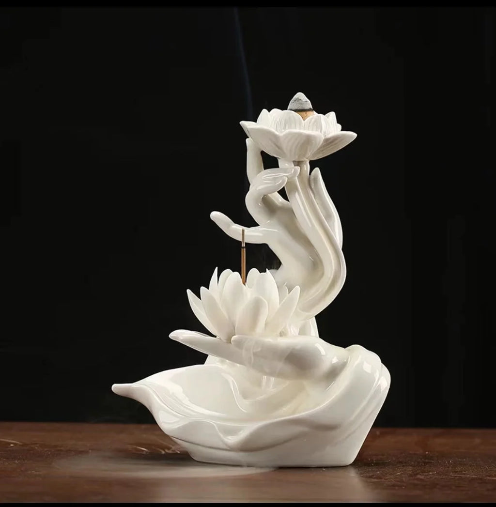Buddha's Hand Lotus LED Backflow Incense Burner and Tabletop Ornament