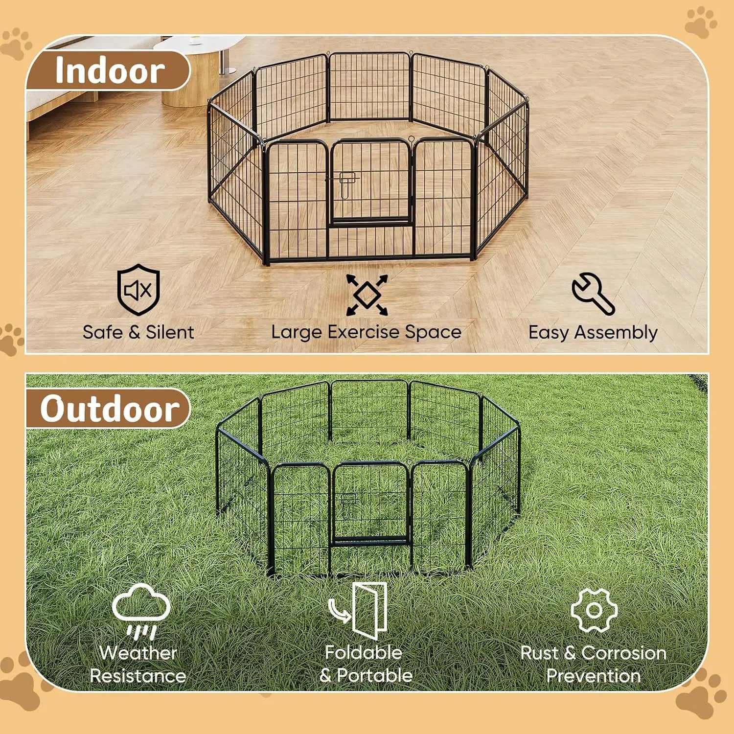 32 Inch Metal Dog Playpen 8-Panel Foldable Pet Fence with Door for Indoor Outdoor Use