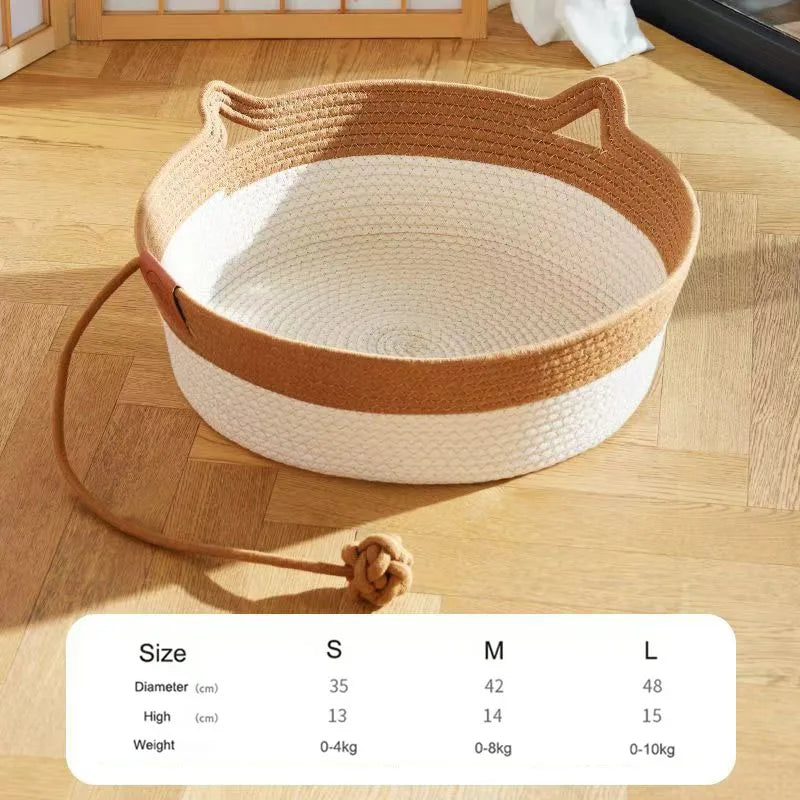 Handwoven Rattan Round Cat Bed Cooling Summer Basket with Cushion