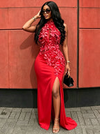 Women's Appliques Halter Backless Maxi Evening Dress