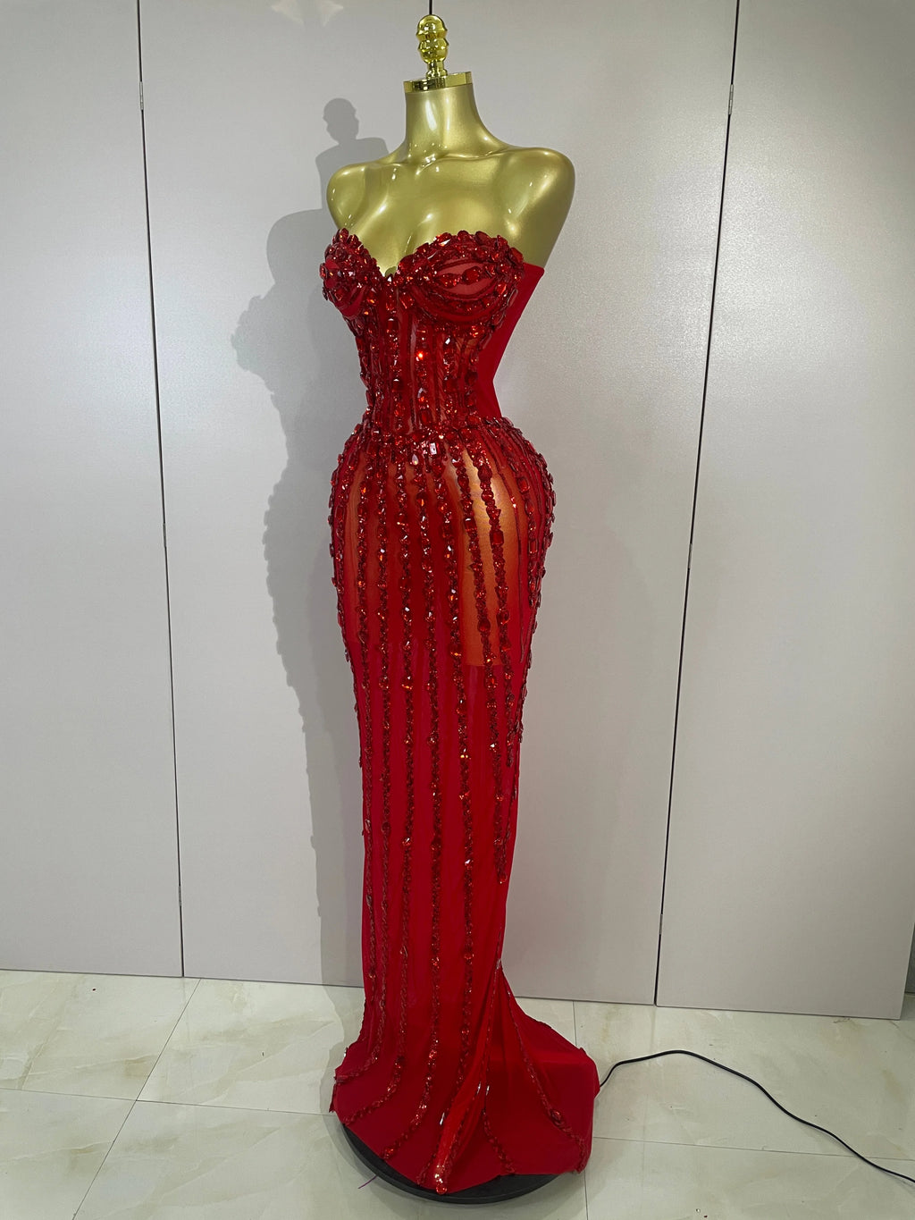 Women's Sexy Strapless Mesh Diamond Maxi Dress