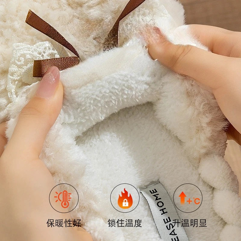 Women's Plush Bow Slippers Non-Slip Winter Indoor House Shoes