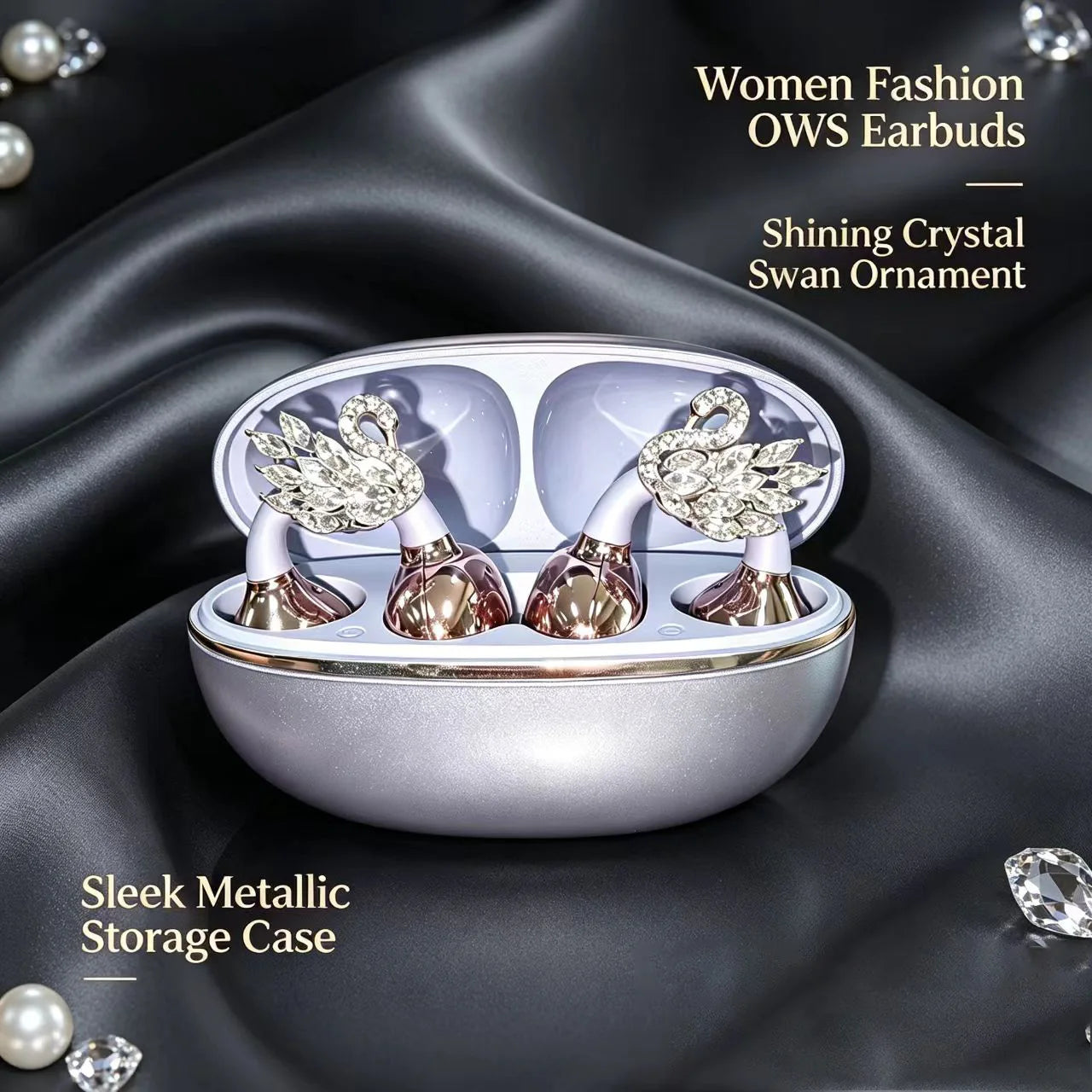 Women's Rhinestone Swan Open Ear Bluetooth 5.4 Wireless Earbuds JS685